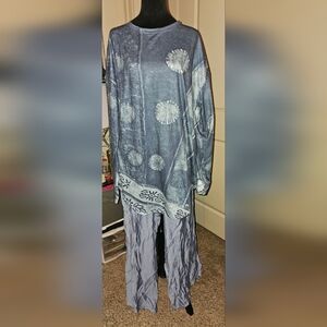 Blue and White Patterned‎ Long Sleeve Top 3x, Wide Leg Pants 1x.